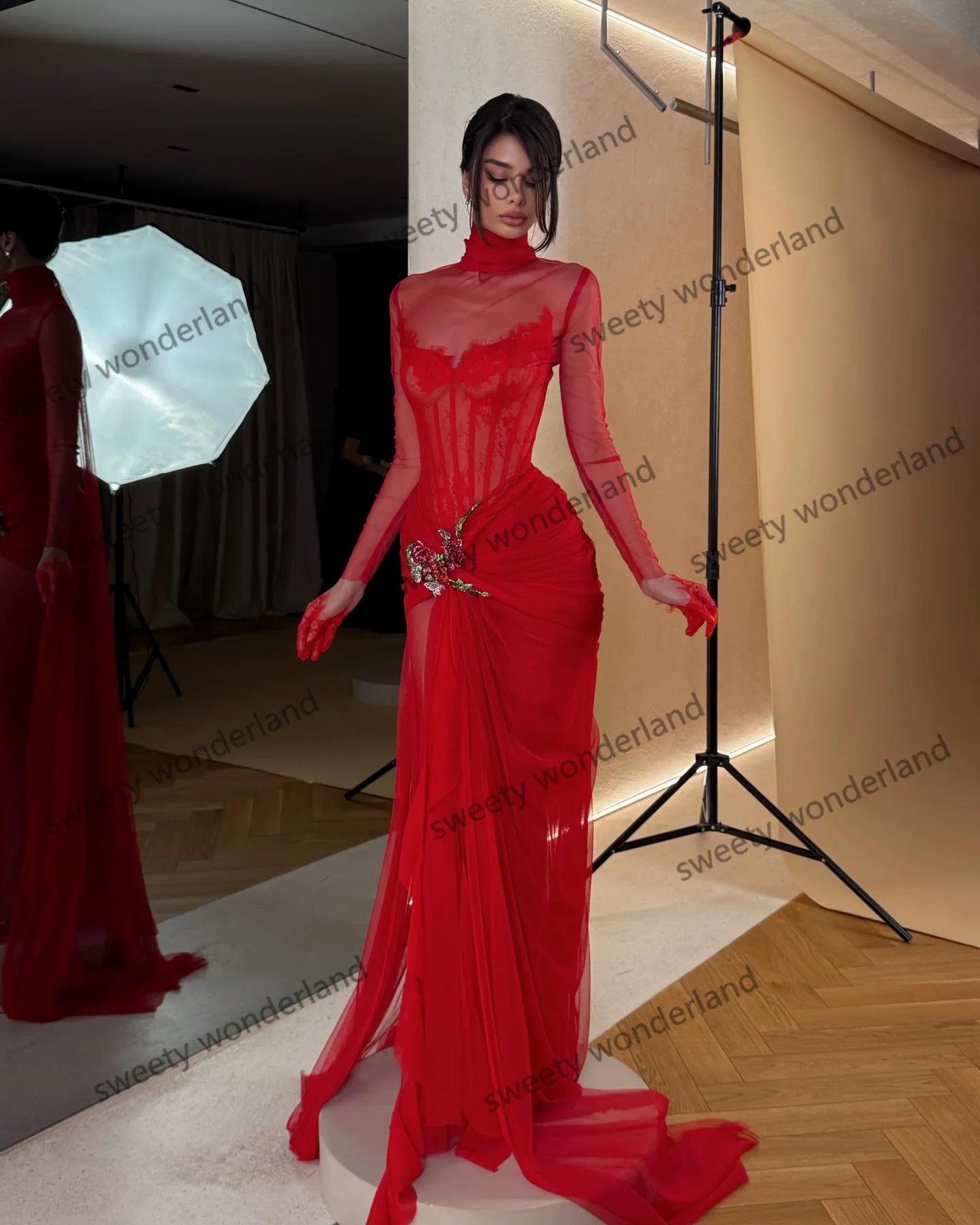 فساتين سهرة حمراء للنساء بأكمام طويلة من vestidos de noche فستان عربي بياقة عالية للحفلات الراقصة مطرز رداء حفلات مخصص