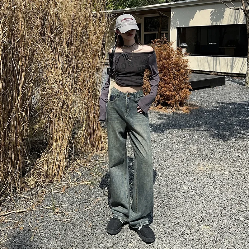 Forever 21 Concrete Grey Straight-Leg Jeans 2024 New Style Vintage HongKong Style Slimming Draped Bell Bottoms For Women