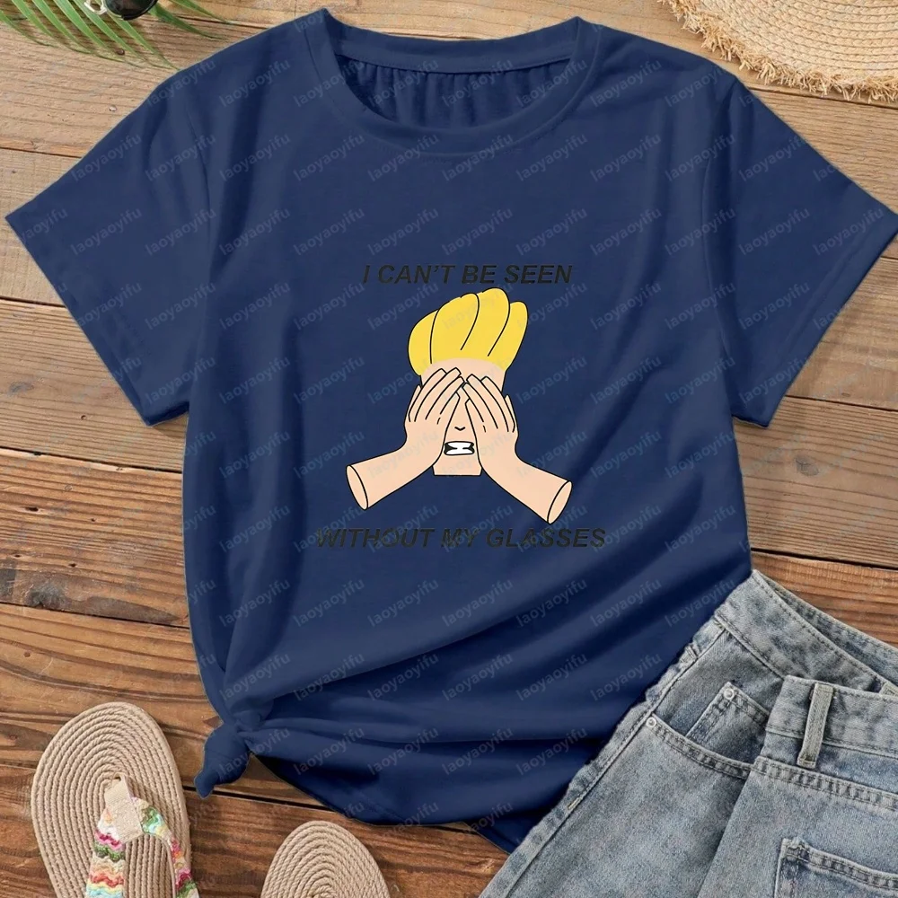 Johnny Bravo: I Can't Go Anywhere Without My Glasses. Short-sleeved Unisex Shirt with Pattern, Pure Cotton T-shirt.