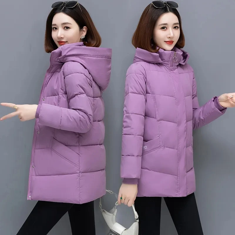 Imagem -02 - Cabolsa de Algodão de Comprimento Médio para Mulheres Parkas com Capuz Feminino Jaqueta Acolchoada de Algodão Cabolsa de Inverno com Zíper Moda Feminina Novo 2024