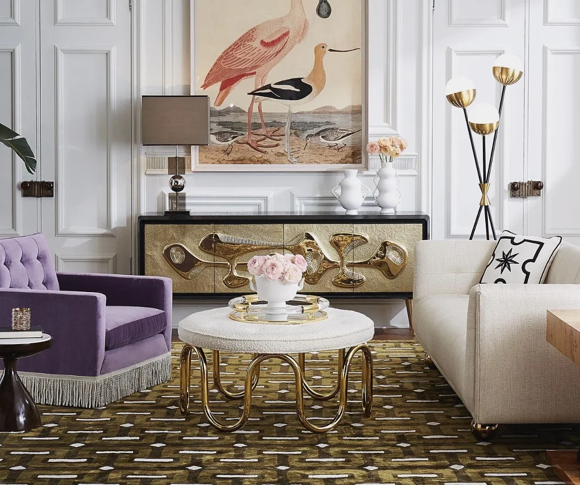 -Jonathan Adler Reform Credenza Cabinet Metal Legs Relief Texture Sculpted Solid Wood Door Living Room Furniture