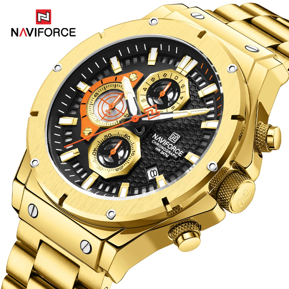 NAVIFORCE Luxury Golden Watch for Men Original High Quality Men\'s Quartz Wristwatches Chronograph Waterproof Steel Strap Clock