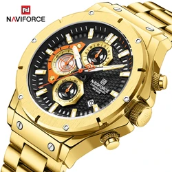 NAVIFORCE Luxury Golden Watch for Men Original High Quality Men's Quartz Wristwatches Chronograph Waterproof Steel Strap Clock