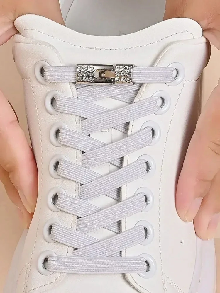 Fashion Elastic No Tie Shoelaces Rhinestone Cross Lock Tieless Shoelace Flat Shoe Laces Suitable for Sneakers and Athletic Shoes