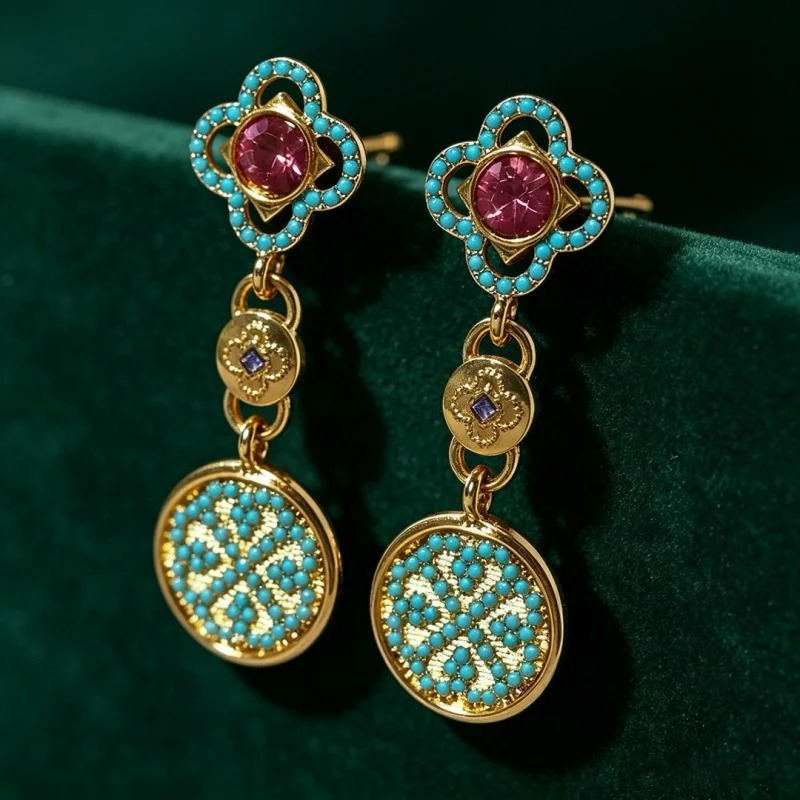 Women Vintage Multi-Gemstone Drop Earrings Gold Tone Floral Frame With Turquoise & Pink Stone Inlay Trendy Formal Ear Accessorie