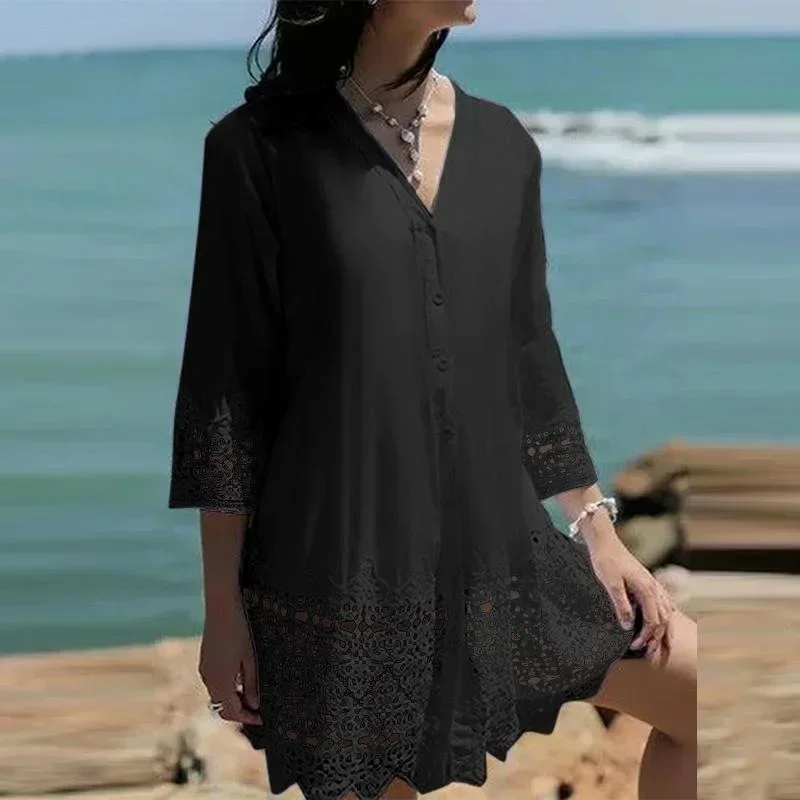 Summer New Women\'s S-3XL Shirt Dress with European and American Hollowed Out Lace Sun Protection Shirt and Beach Skirt