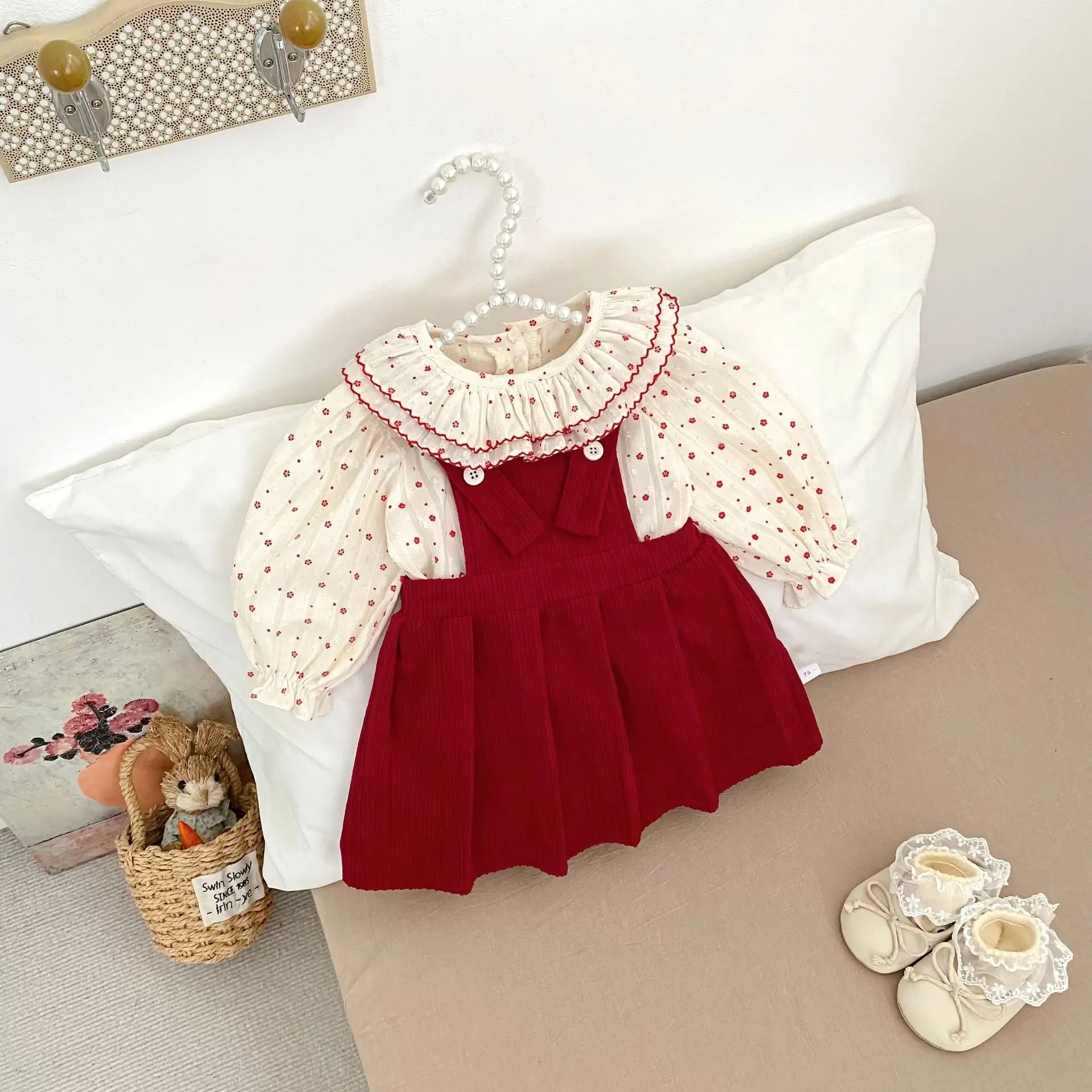 2026 New Autumn Girls 2Pcs Set | Ruffle Collar Babydoll Top + Solid Jumper Dress | Cute Outfit