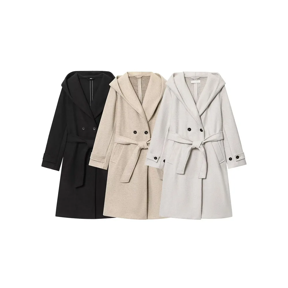 

Autumn new women's bow waistband long sleeved hooded soft hooded coat jacket