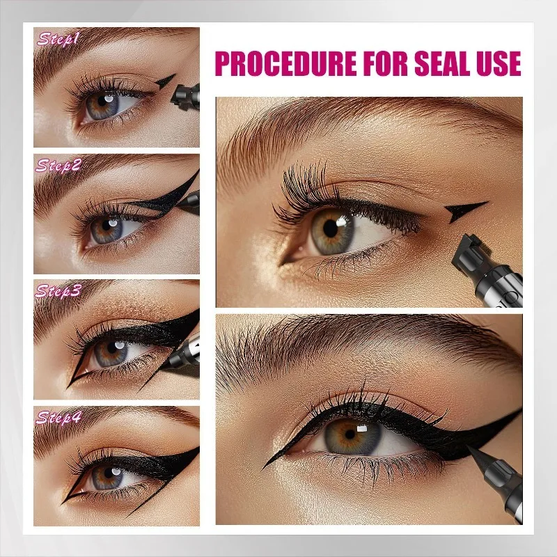 トライアングルスタンプウィングアイライナーペン、両端に細いペン先、防水、汚れ防止、簡単な対称キャットアイメイクアップ用 1 個