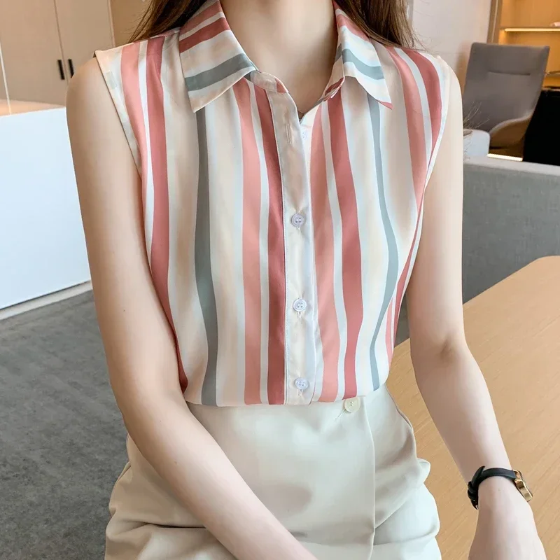 2024 New Chiffon Summer Women\'s Blouse Casual Fashion Simplicity Tops Stripe Sleeveless Lapel Collar Shirt