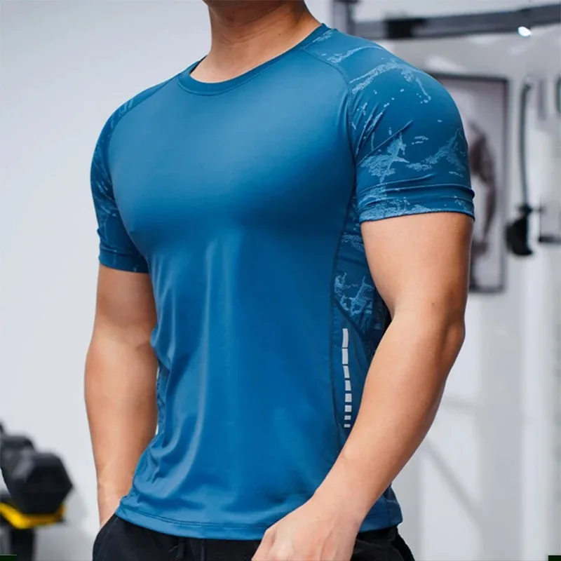 

2024 Summer Thin Running Gym Men Shirt Short Sleeve Tees Elastic Fit Sports Training Fitness Quick Dry Spandex Ice Silk T Shirt