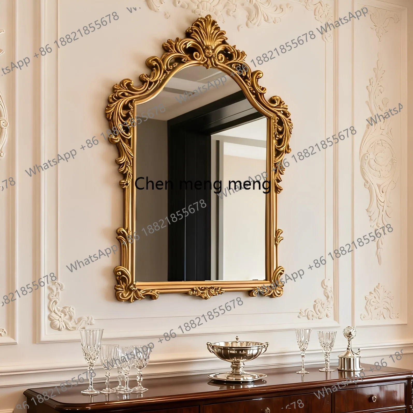 French-style vintage bathroom mirror with smart lighting,decorative mirror for makeup,bathroom wall,with carved fireplace design