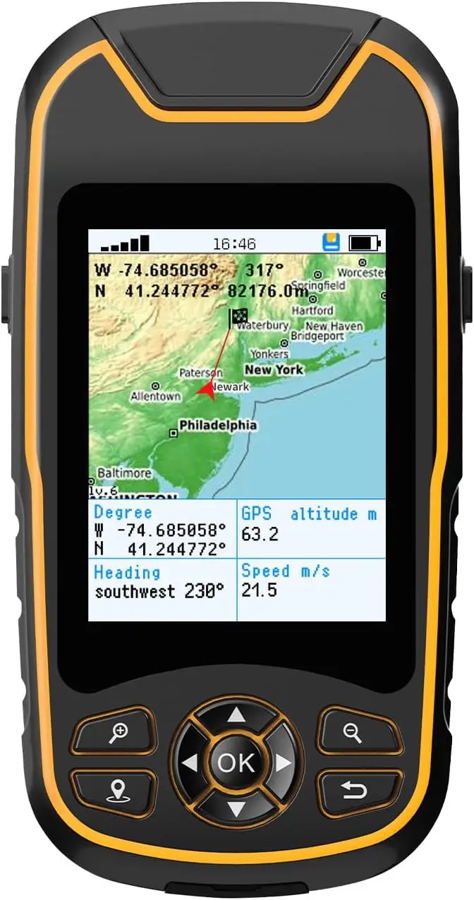 Handheld GPS Hiking Rugged Waterproof Navigator 32 Sunlight Readable Screen Compact Satellite USA Topo Map Multi GNSS Support Ex