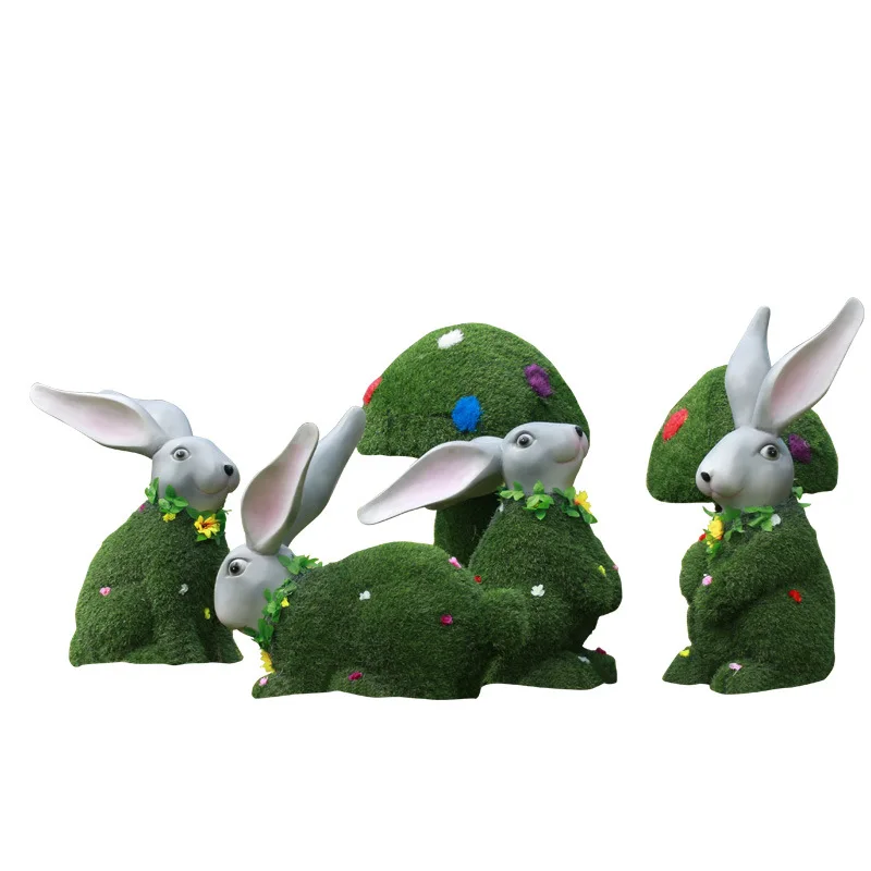 

Outdoor green rabbit ornament, fiberglass cartoon rabbit grass animal sculpture, garden garden decoration