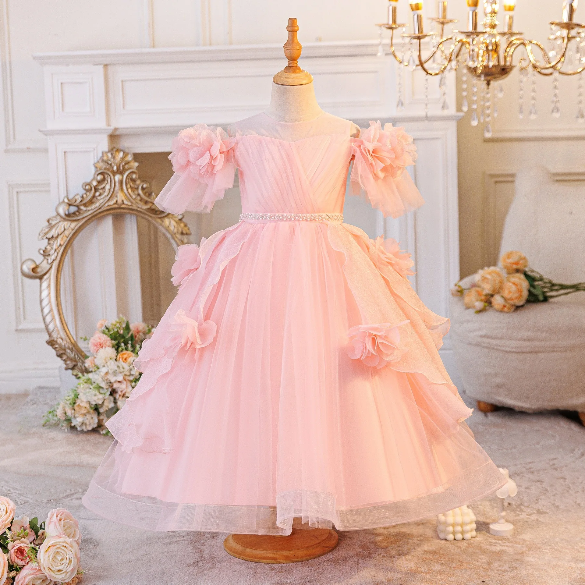 HETISO Girl Festive Dress Flower Beading Kids Party Bridesmaid Ball Gown Beading Costume For Children 3-12 Years