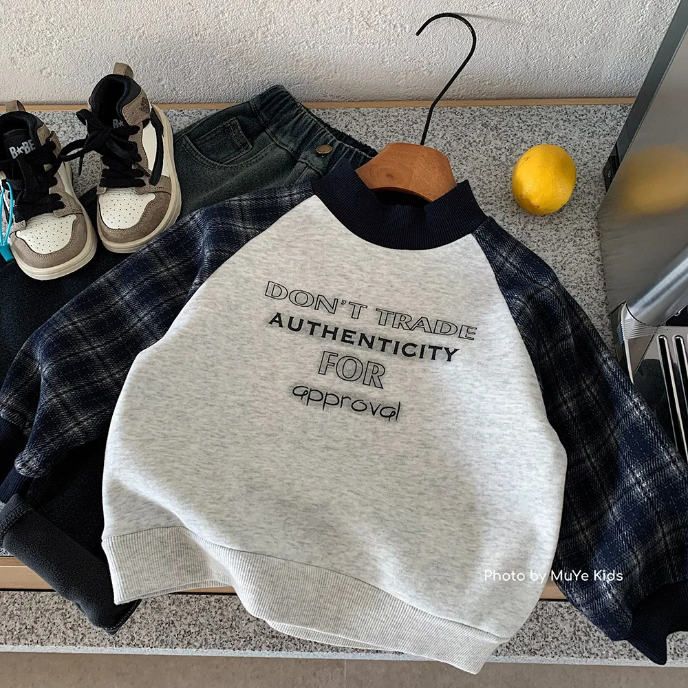 

UNITIM Kids Boys Sweatshirt Winter Letter Printed Thicken Warm Toddler Girls Hoodies Plaid Patchwork Infant Boys Tops Pullovers