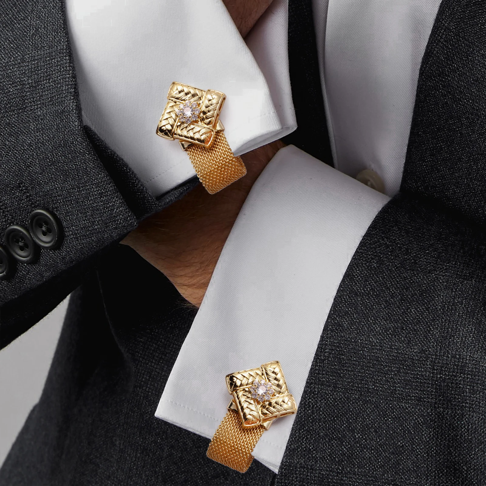 square zircon Cufflinks Set With Chain-cuff links mens Shiny luxurious French Shirt Ornament or Accessory - Party favors for men