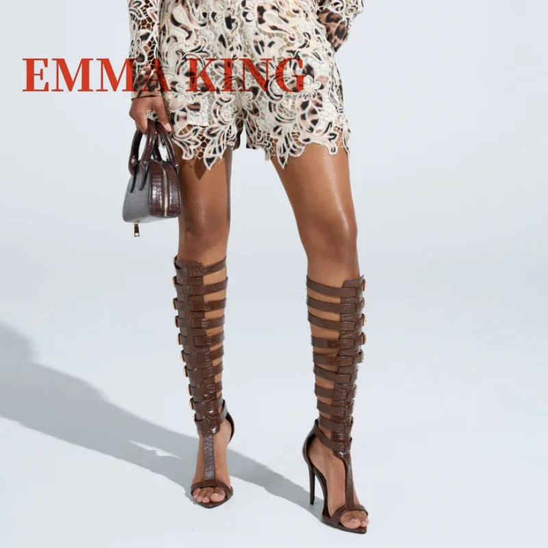 المفتوحة تو كعب ستيليتو صنادل طراز جلاديتور مثير المفتوحة تو الركبة عالية الصنادل موضة ملهى ليلي الصيف مشبك معدني أحزمة الأحذية