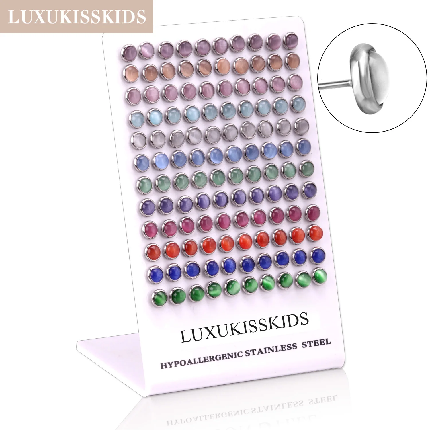 LUXUKISSKIDS 60paris/lot Cat Eyes Rinestone Small Opal Stud Earrings Set Stainless Steel Push Plug Piercing For Women/Girls/Men