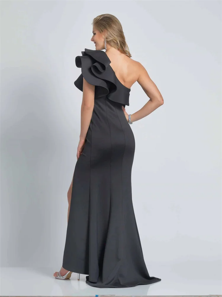 Hot Selling One Shoulder Neckline with Ruffled Satin Straight Evening Dress Sexy Open Back Zipper Floor Length Gown For Women