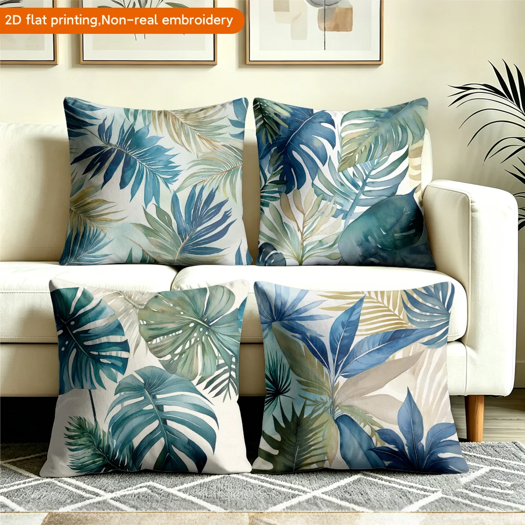 Set of 4 Tropical Botanical Print Pillow Covers Blue Green Leaf Pattern Cushion Throw Pillow Home Decor Accent Fake Embroidery S