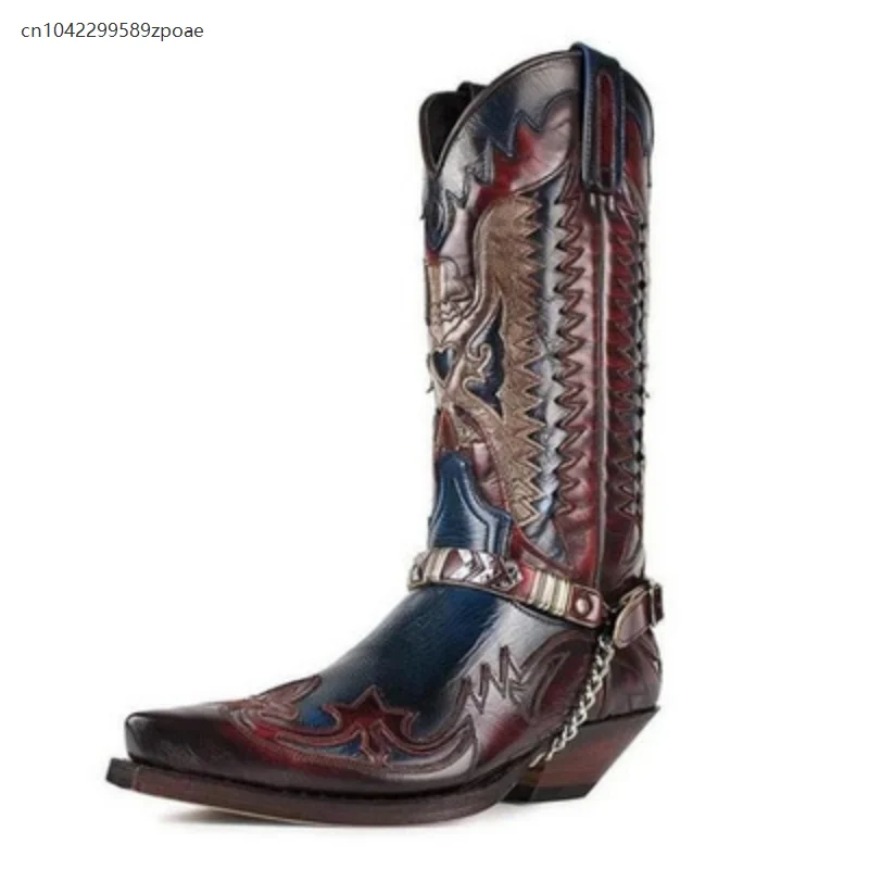 Botas chelsea com fivela de corrente de metal, salto grosso bordado colorblock gótico steampunk locomotiva cosplay botas de cavaleiro masculinas