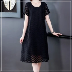 2024 New Summer Elegant and Fashionable Round Neck Hollow Drop Loose Leisure Simple Versatile Mid Length Short Sleeved Dress