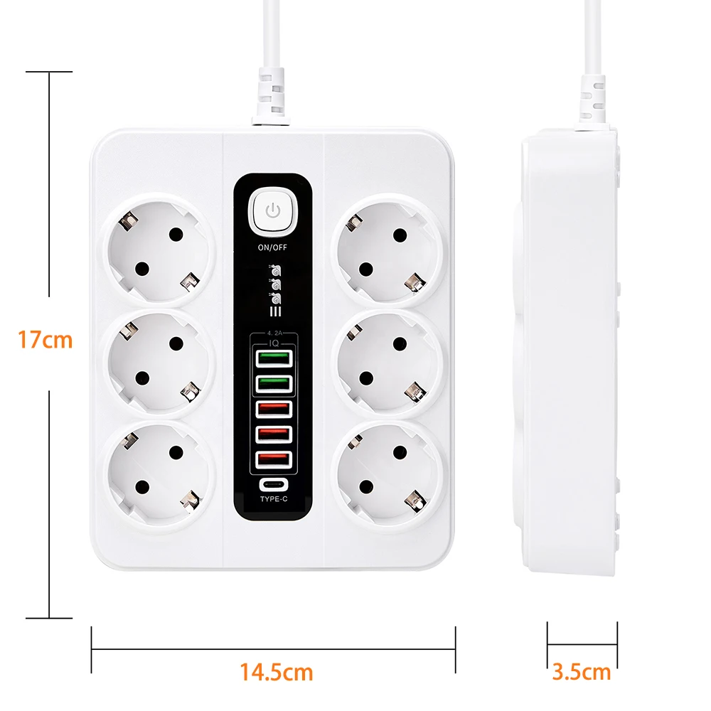 3000W EU Plug Strip Socket USB Power Strip USB Charge Station Adapter 6 AC Outlets Power Strip With Switch Extension Socket