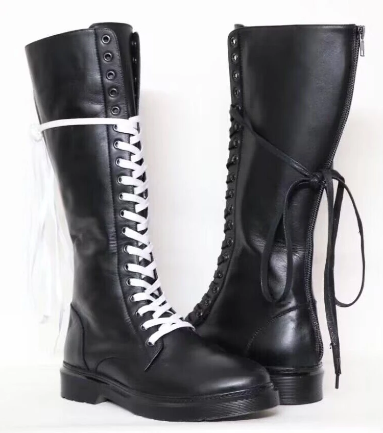 Lace Up Cowhide Knight Boots for Men Black Genuine Leather High Boots Back Zipper Over The Knee Motorcycle Boots Winter Shoes