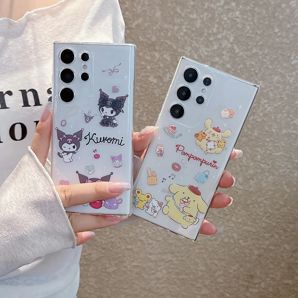 Cute Cartoon Sanrio Kuromi Cinnamoroll Pom Purin Transparent Phone Case For Samsung Galaxy S26 25 24 23 Ultra Puls Soft Cover