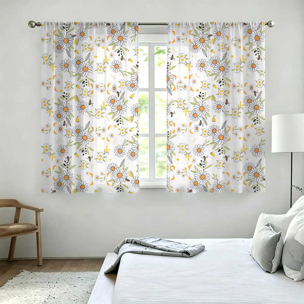 2Pcs Rod Pocket Curtain Light Block Privacy Drape Living Bedroom Daisy Bee Floral Print Window Curtain For Home Decor