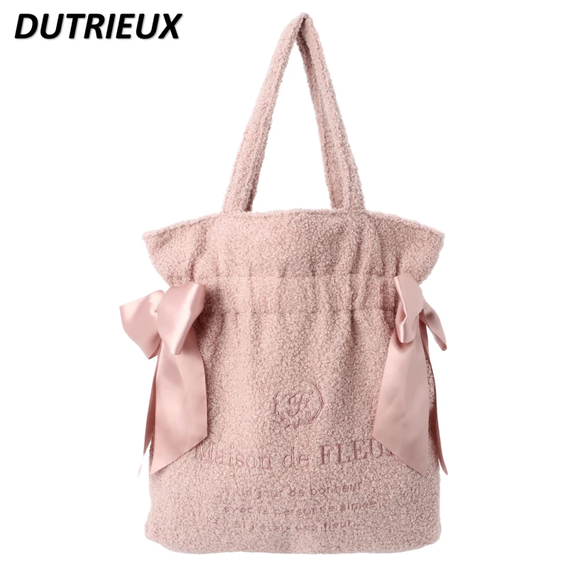 Bolsa de pelúcia com arco de um ombro para senhoras, sacola feminina de um ombro, moda feminina, estilo japonês, doce, fofa, outono, inverno