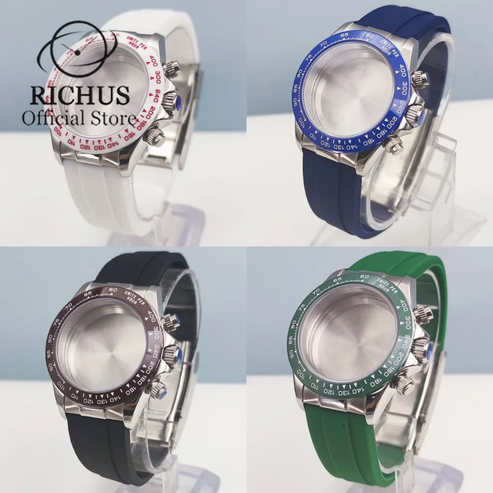RICHUS 40mm Silver Stainless Steel Watch Case Brown Blue Green White Bezel Fit VK63 VK64 Movement