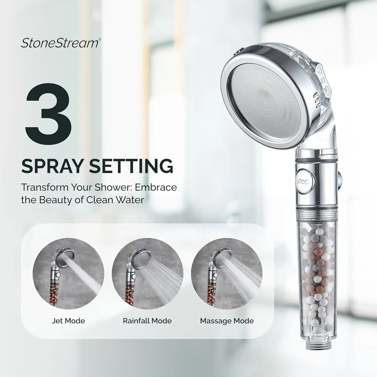 Adjustable Filtered Shower Head 3 Spray Settings Power High Pressure Water Softener Showerhead with ON/OFF Switch Head Set