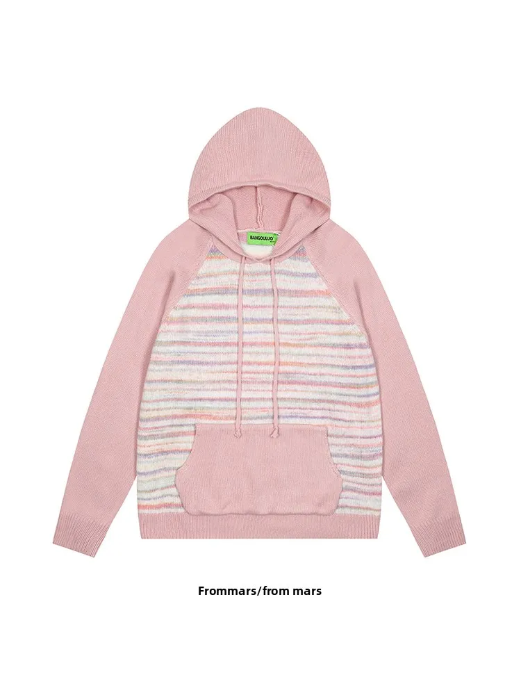 

from American College Sle Hooded Knitted Sweater Striped Embroidery Casual Couple Sweater Youth Vitali Long Sve r...