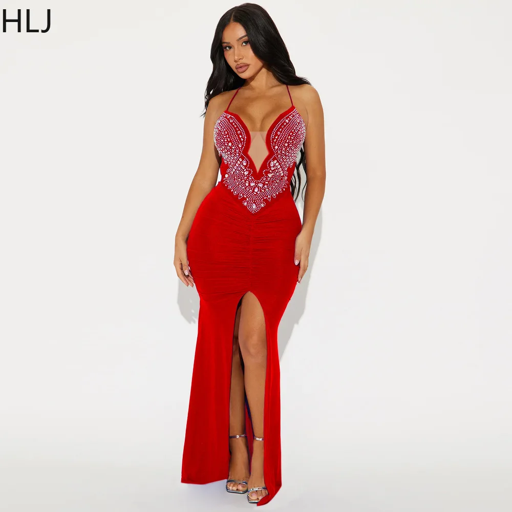 HLJ Sexy Luxury Rhinestones Back Bandage Slit Evening Party Dresses Women Sheer Spaghetti Strap Slim Vestidos Fashion Clothing