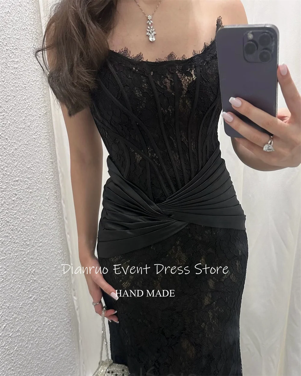Dianruo 블랙 바닥 길이 이브닝 드레스 레이스 우아한 Vestidos De Novia Appliques 스쿠프 넥 라인 Abiti Da Cerimonia Customized