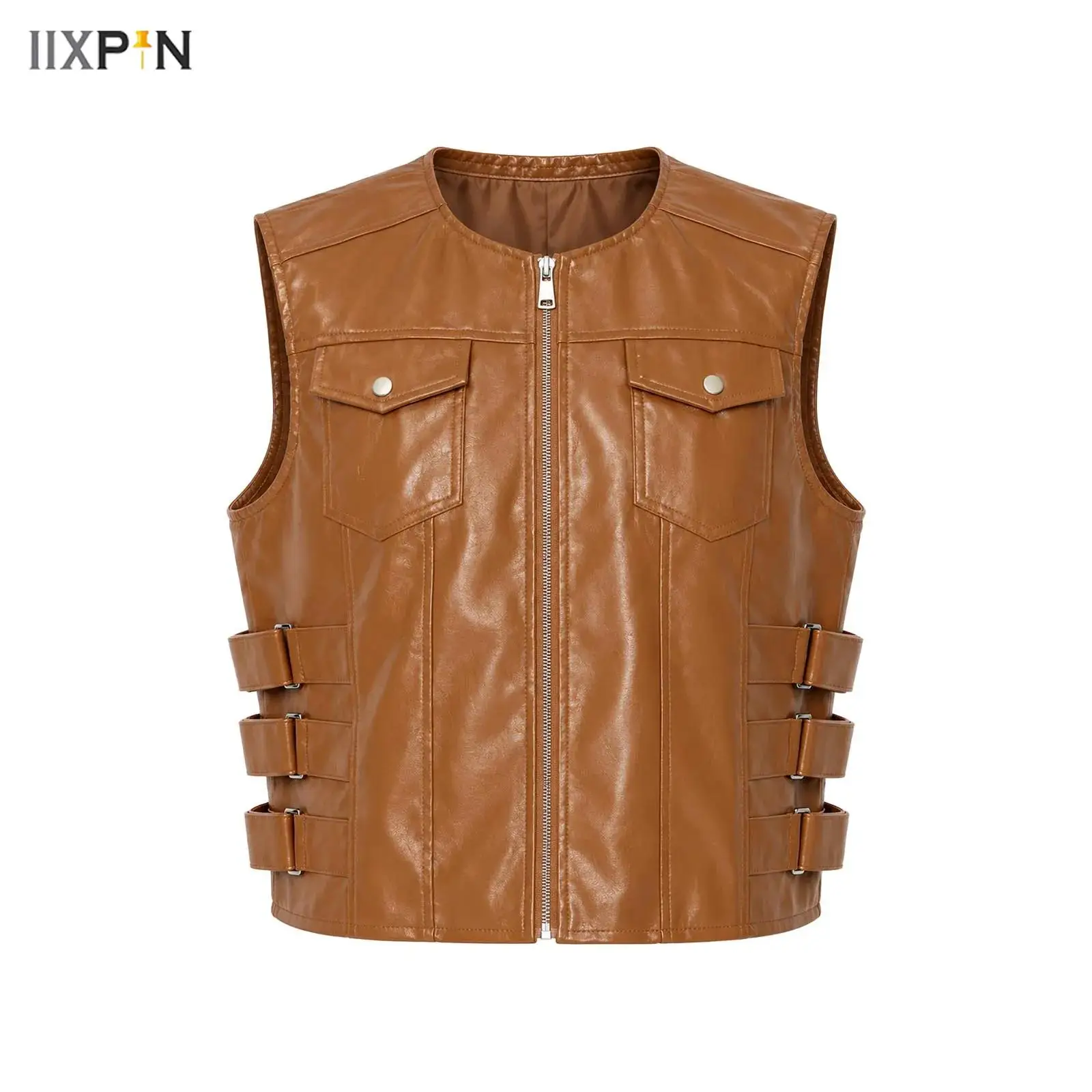 Mens Motorcycle Coat Faux Leather Blazer Vest Side Button Straps Zipper Sleeveless Jacket with Pockets for Club Party Streetwear