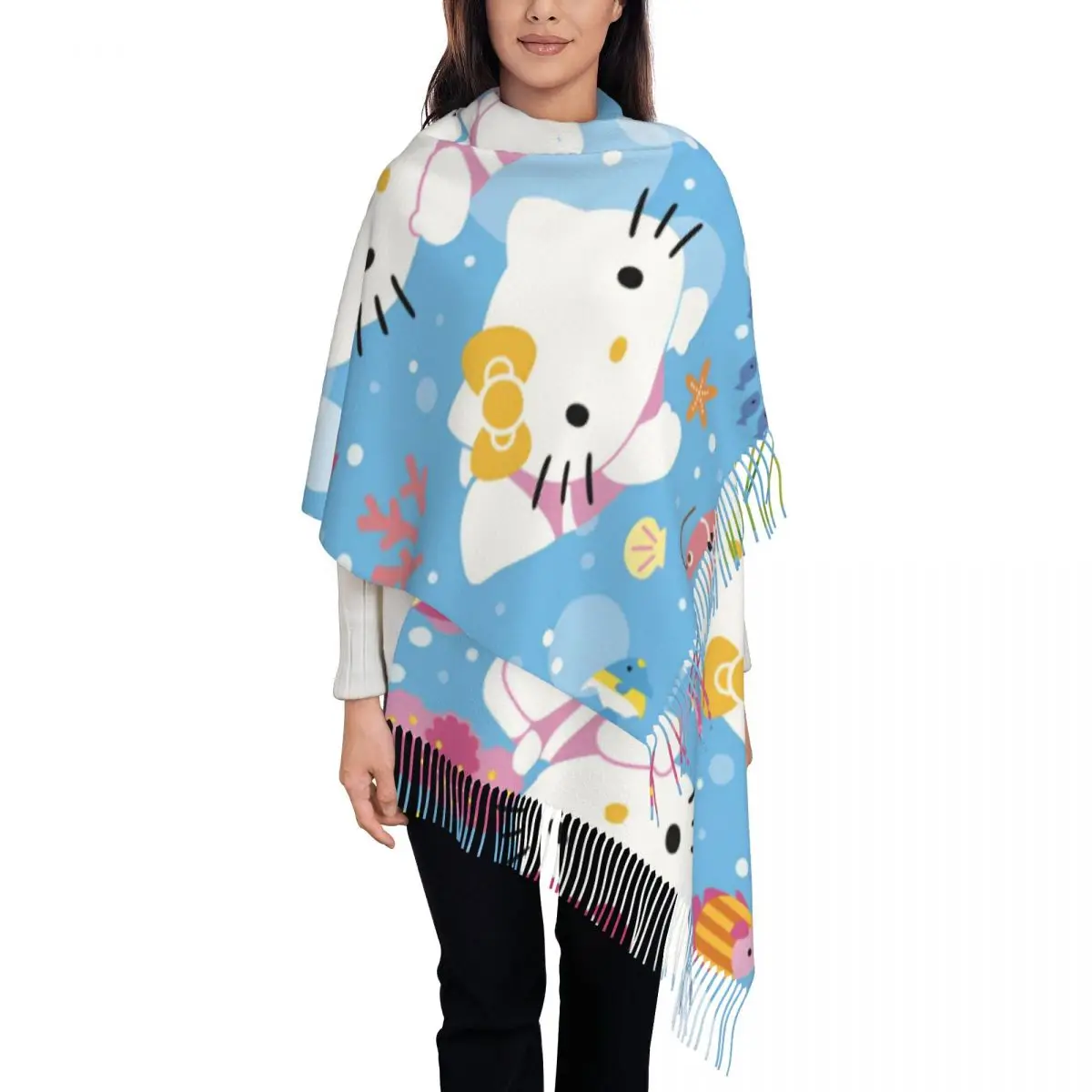 

Женский шарф Hello Kitty для плавания с рыбой, теплые зимние шали из пашмины и длинный легкий шарф-шаль