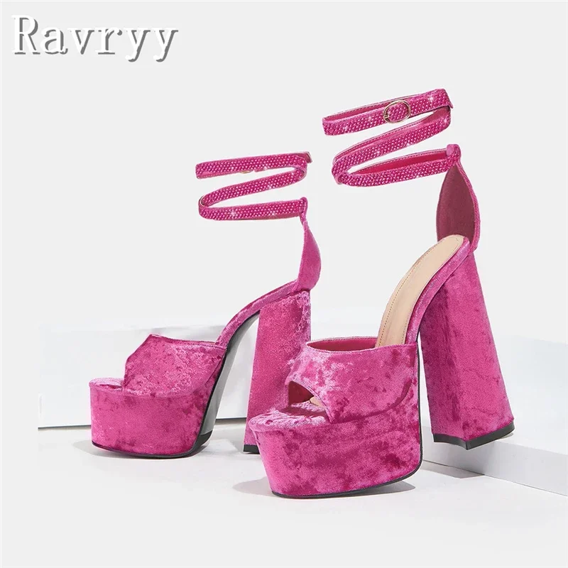 

Bright Rhinestone Ankle Cross Strap Sandals Velvet Peep Toe Thick Heel Platform Lace Up Wedding Banquet Women's Sandals