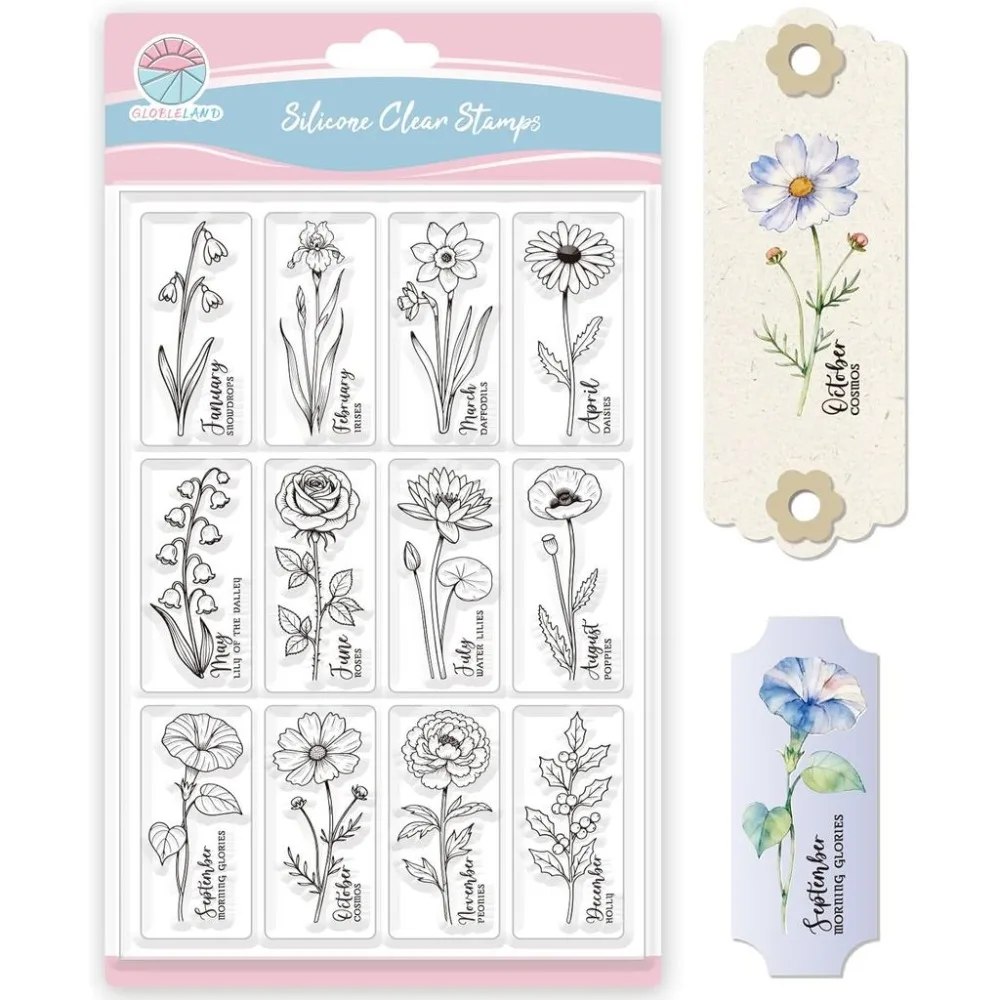 Blumen-Lesezeichen-Stempel, transparenter Stempel für Scrapbooking, Monate, Blumenstempel, Gänseblümchen, Pfingstrosen, transparenter Stempel für die Kartenherstellung