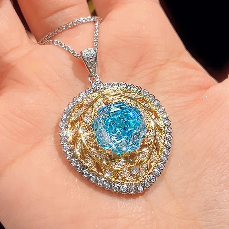 Vinregem 14 MM Flower Cut Lab Created Aquamarine Sapphire Zircon Gems Pendant Necklace Anniversary Gifts Fine Jewelry Wholesale