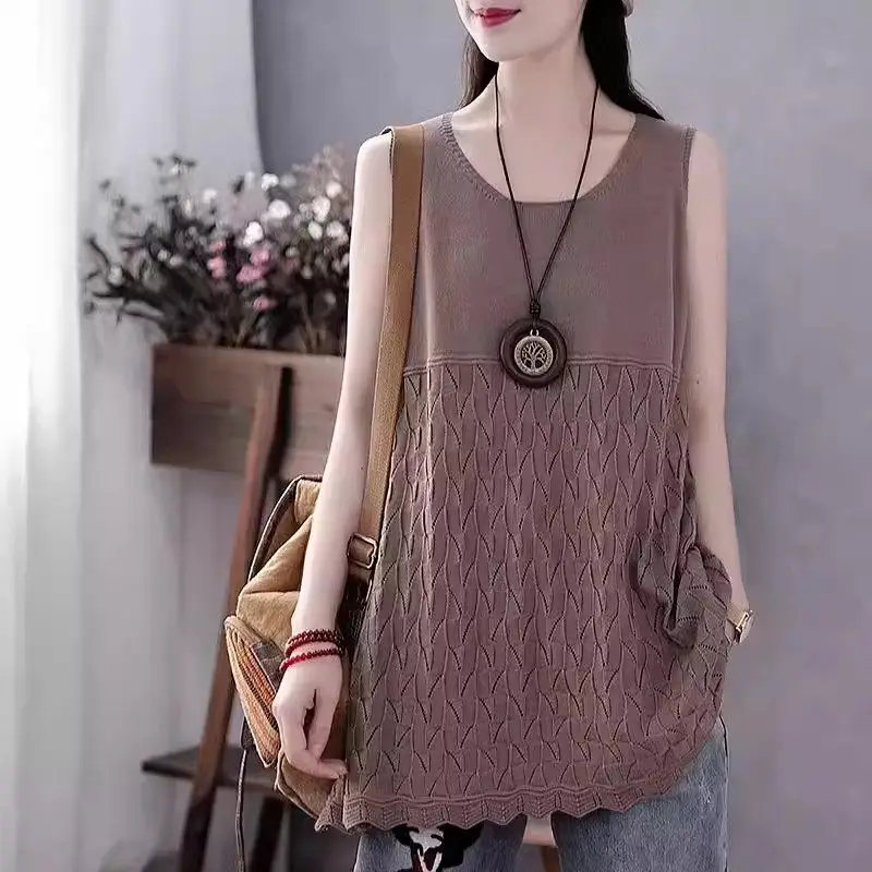 Ice Silk Knitted Suspended Tank Top For Women's Summer 2024 New Loose Bottom Mid length Sleeveless T-Shirt Sweater Vest K1669