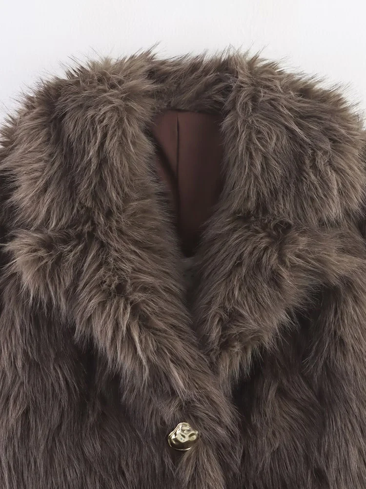 HH Women Winter Warm Coat Long Sleeves Lapel One Button Loose Jacket Faux Fur Effect Casual Female Fashion Solid Street Coat