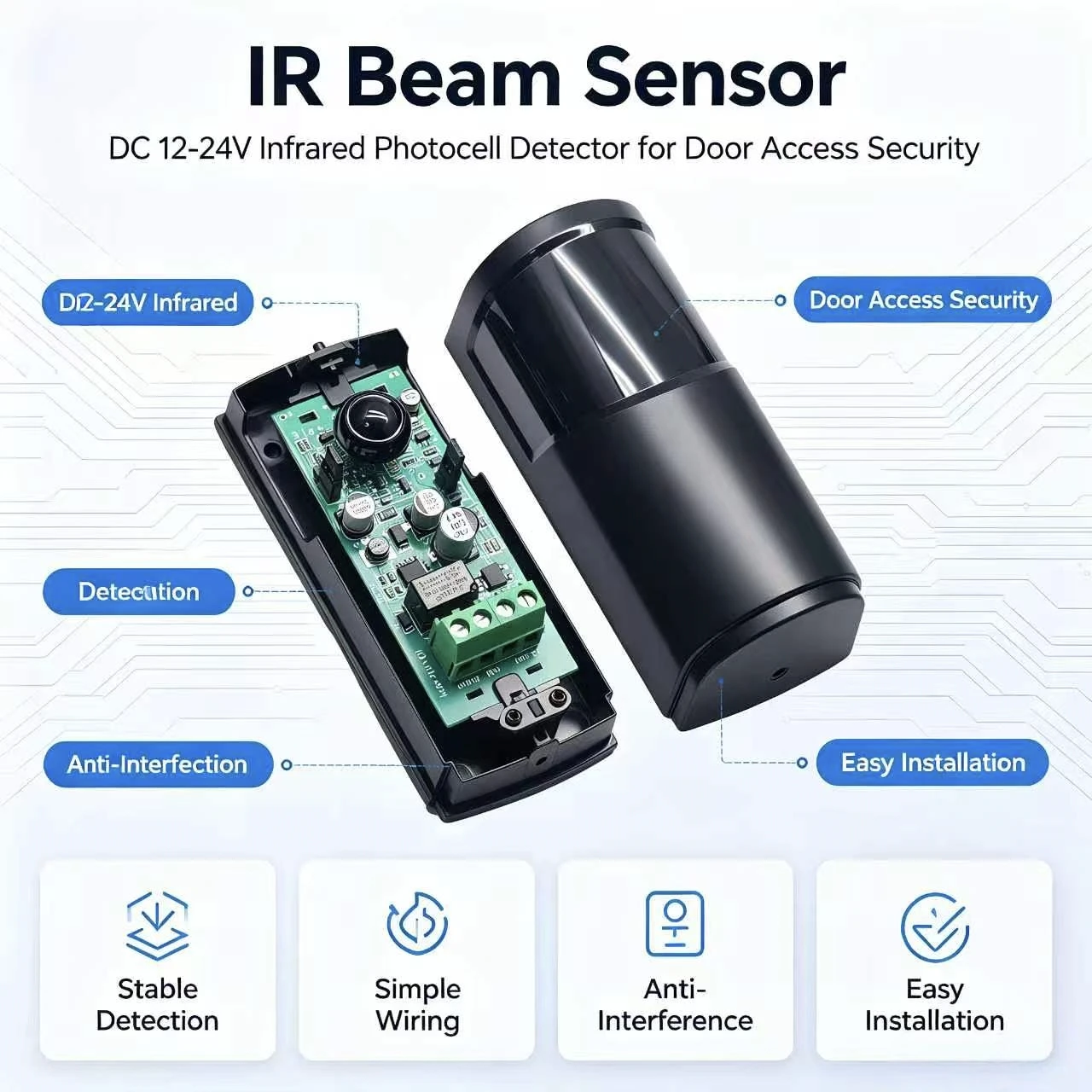 Wireless Battery Detector for Automate Door AC/DC 12-36V Photocell Infrared Sensor Safety Beam