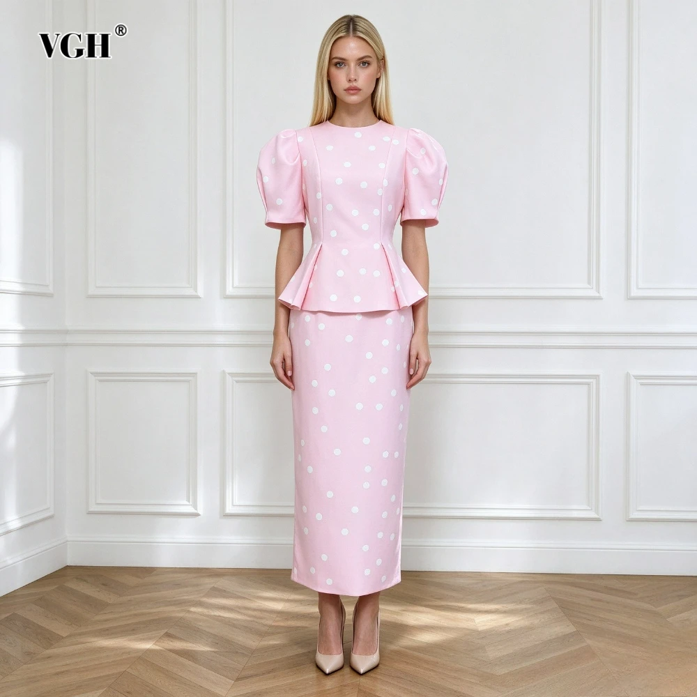 VGH Elegant Glam Two Piece Set for Women Round Neck Puff Short Sleeve Waist Cinched Peplum Midi Pencil Skirt for Office Business