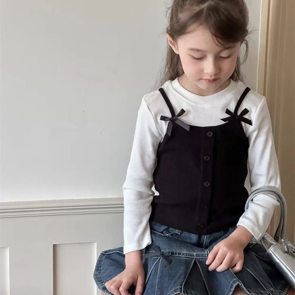 عارضة الكورية نمط كاذبة قطعتين أعلى الأميرة أنيقة طويلة الأكمام تي شيرت القوس قاعدة قميص الزي اليومي