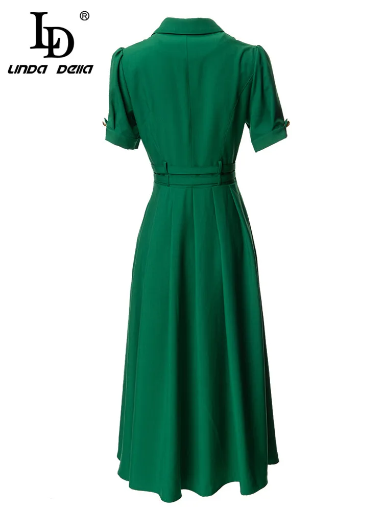 Imagem -02 - Linda Dell Verão Moda Pista Verde Balanço Bolso Vestido Feminino Lapela Cintura Único Breasted Vestido de Festa ld