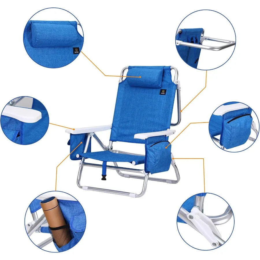 كرسي شاطئ على الظهر باللون الأزرق مع مبرد ومظلة مدمجة للبالغين، تصميم مكون من 5 أوضاع يتميز بحامل أكواب وشركاه #4