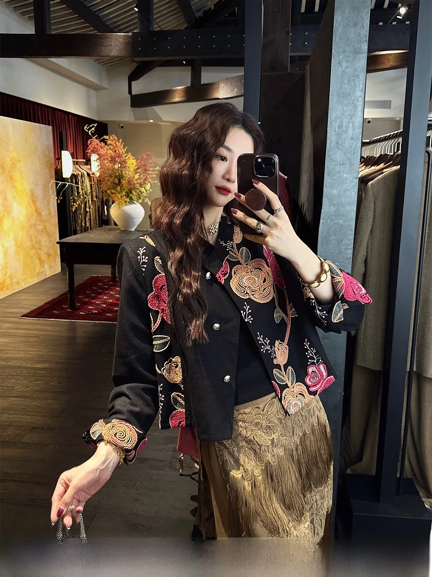 

Sanji Bla Flower Early Autumn Women's Jaet Chinese Sle Rope Embroidery Loose Fit Long Sve Cool Sensation Polyester L...